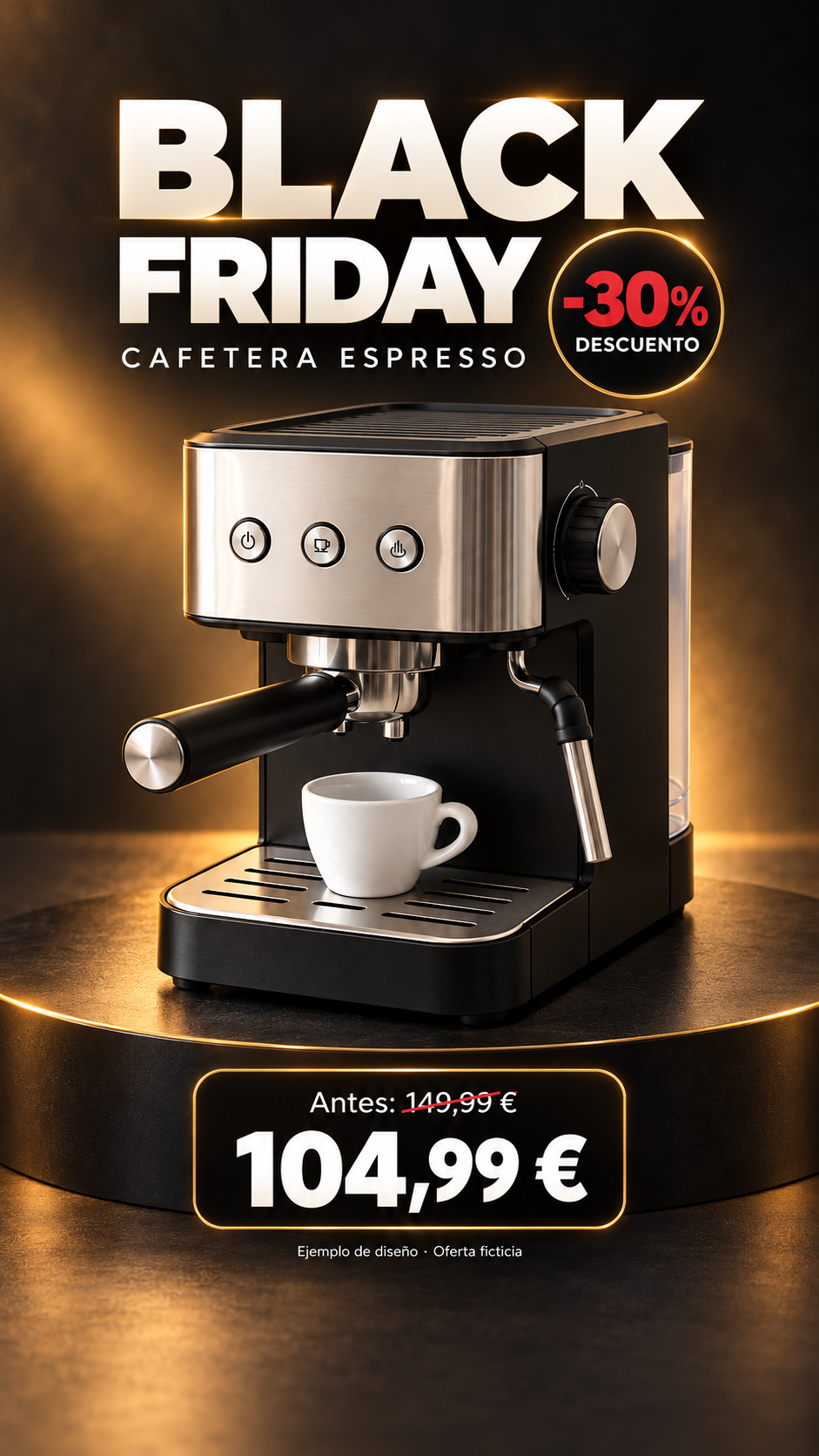 Campaña Black Friday de cafetera espresso con una oferta ficticia
