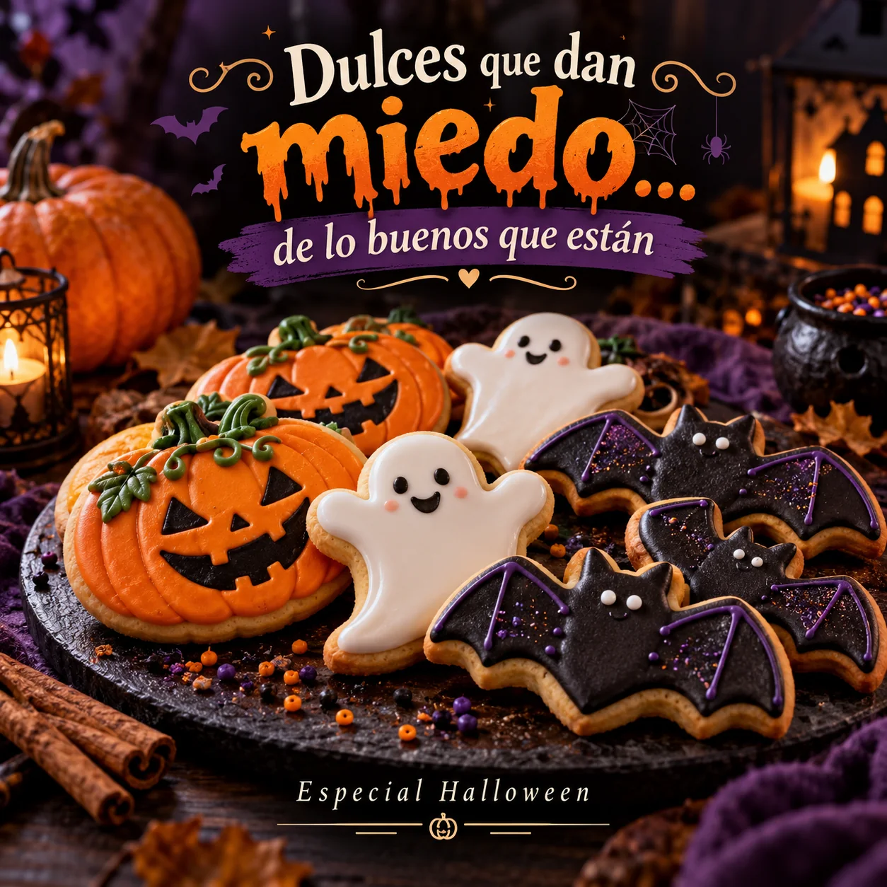 Las mismas galletas en una composición de Halloween con el texto «Dulces que dan miedo… de lo buenos que están»