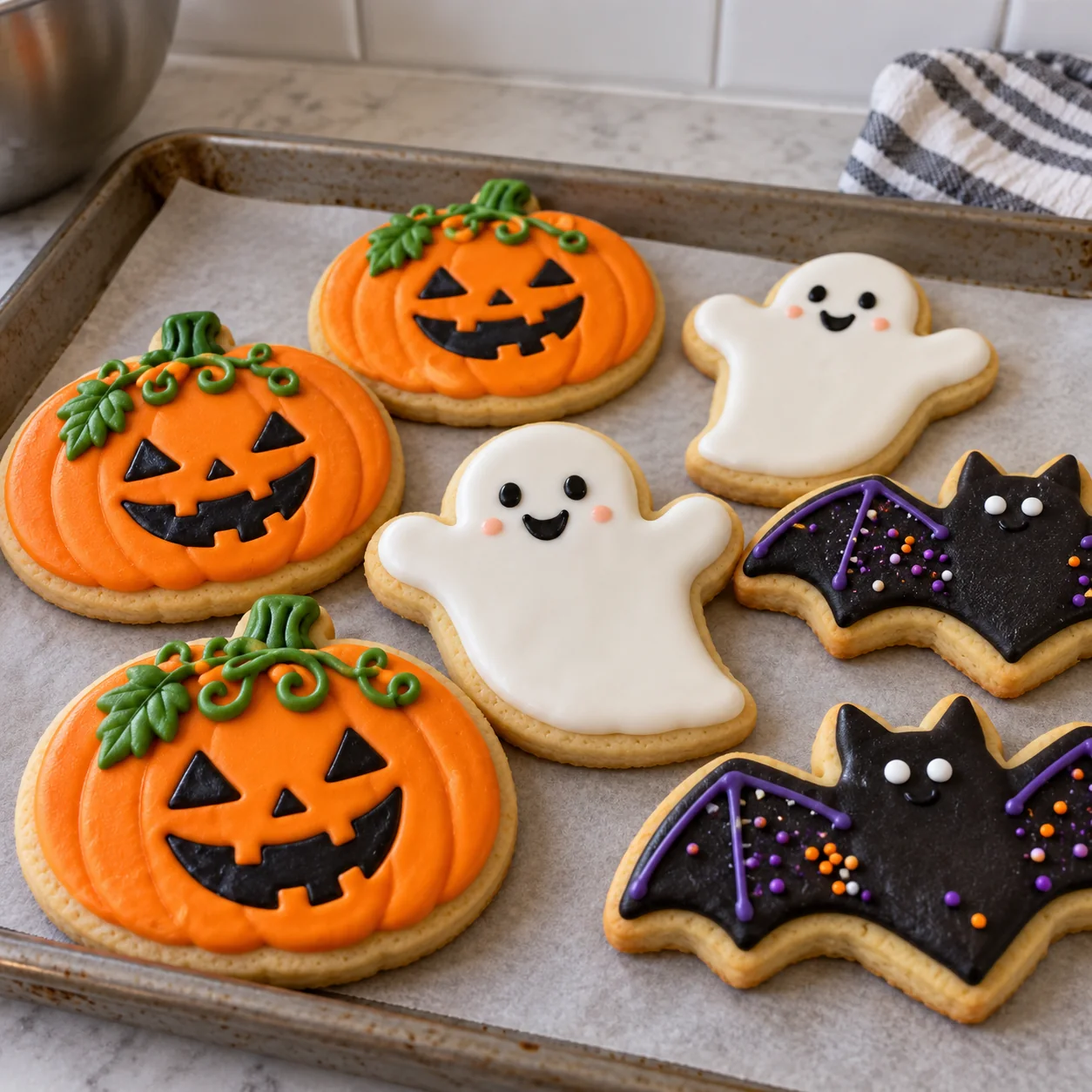 Foto original de galletas decoradas con forma de calabaza, fantasma y murciélago en una bandeja de horno