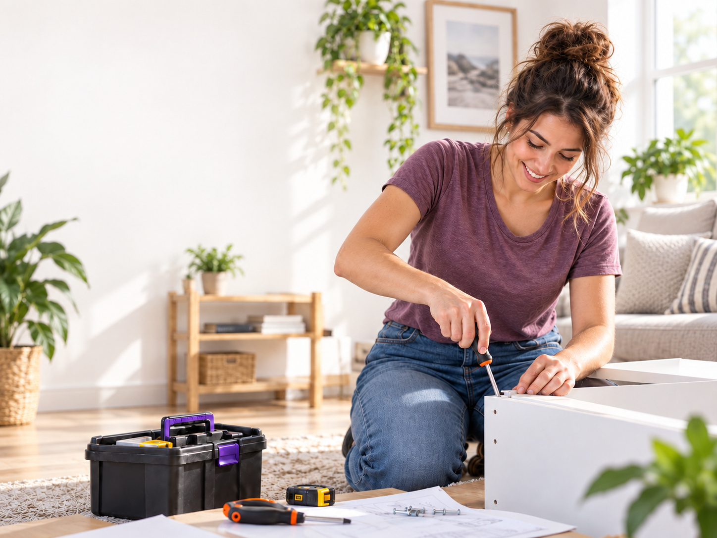 Mujer montando un mueble en casa