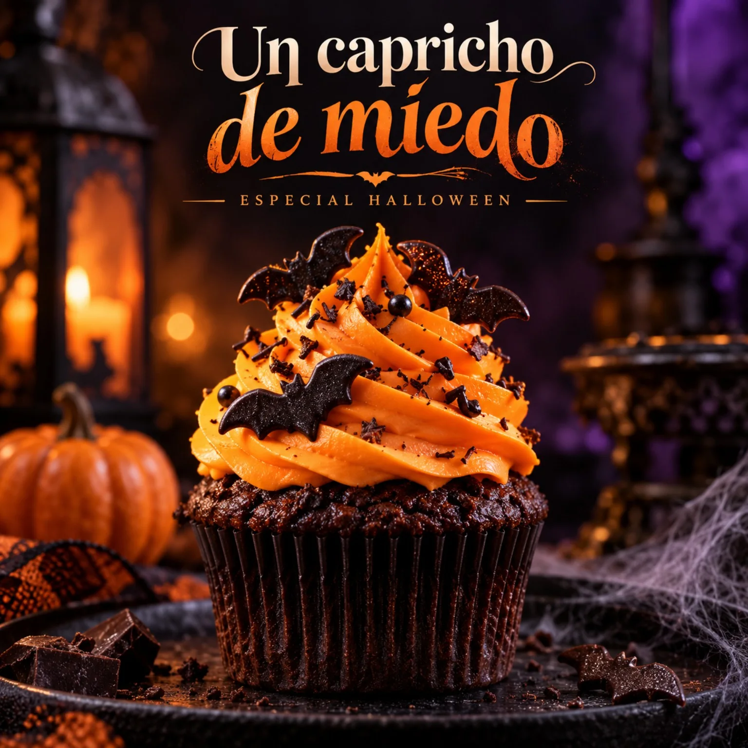 El mismo cupcake en un ambiente de Halloween con farol y calabaza, con el texto «Un capricho de miedo»