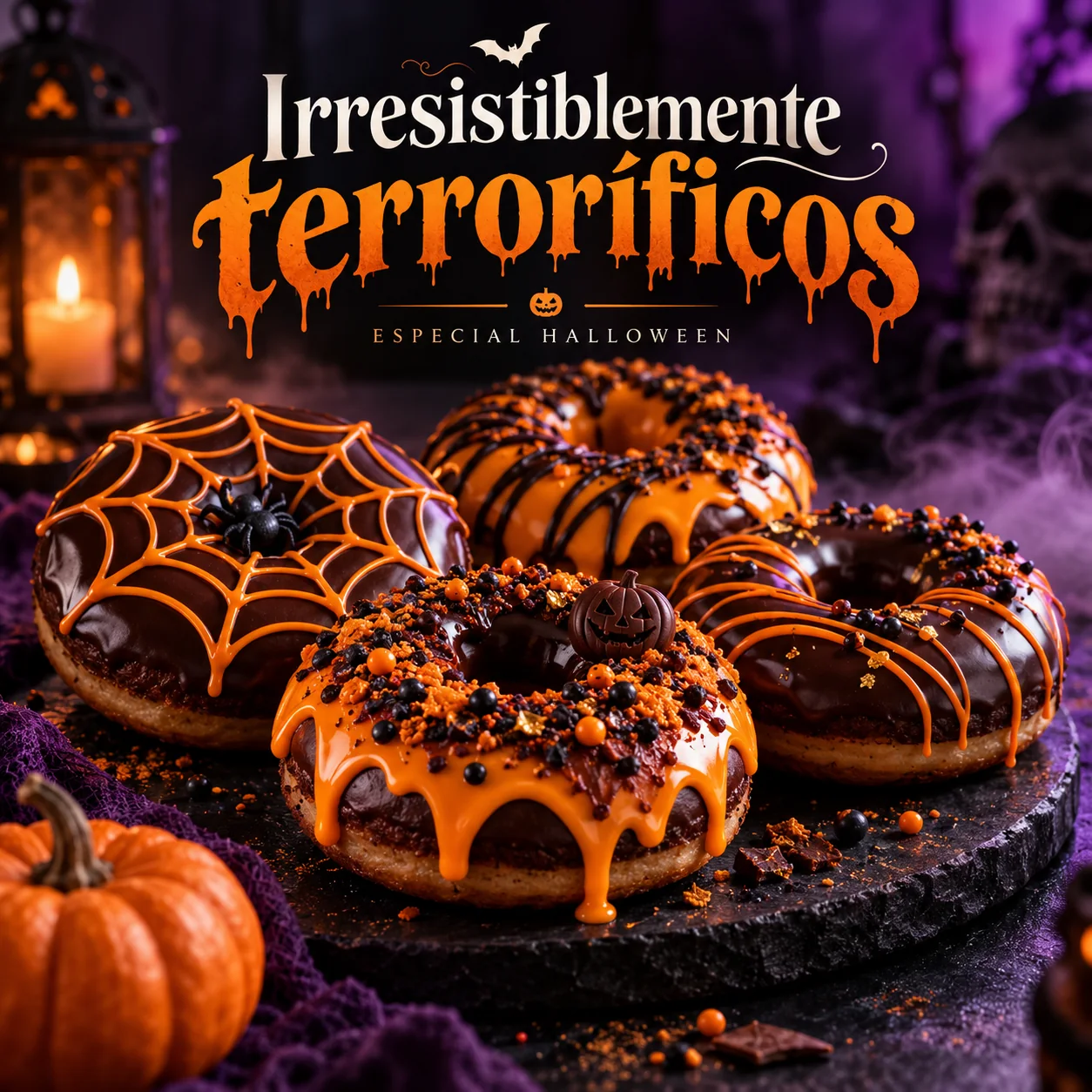 Los mismos dónuts en un escenario de Halloween con el texto «Irresistiblemente terroríficos»