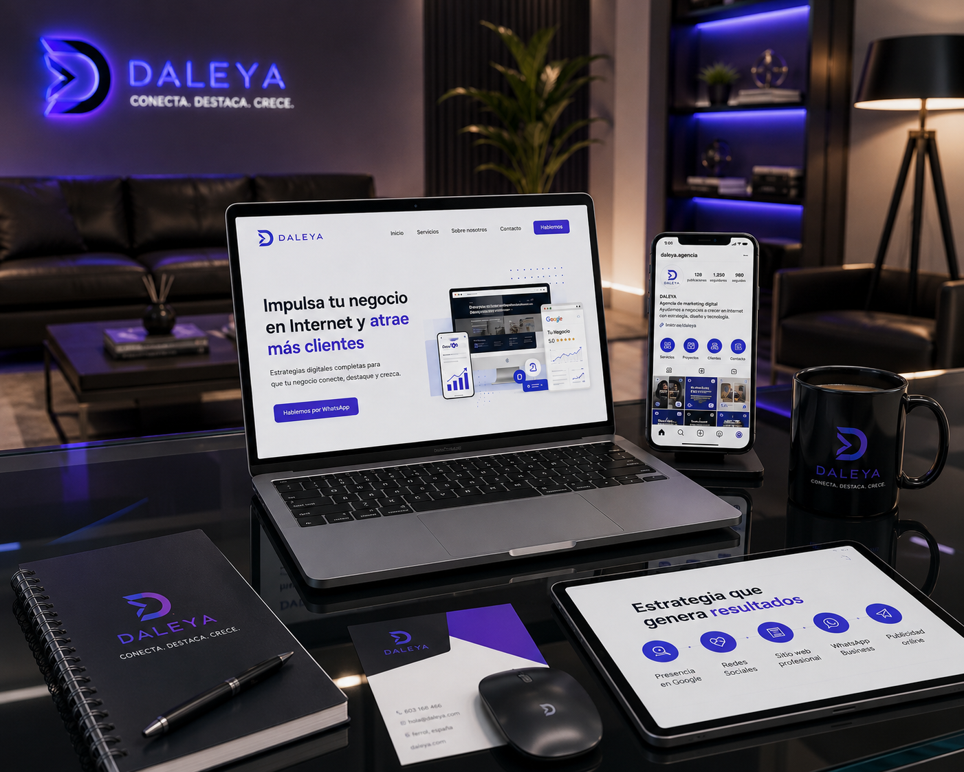 Escritorio profesional de DALEYA con laptop, móvil, tablet y material de marca