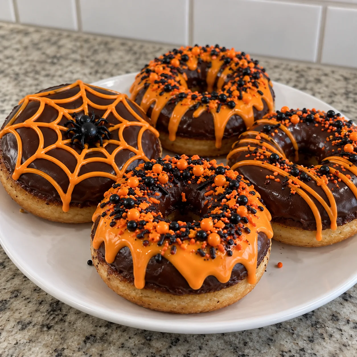 Foto original de dónuts de chocolate con glaseado naranja y telaraña sobre un plato blanco