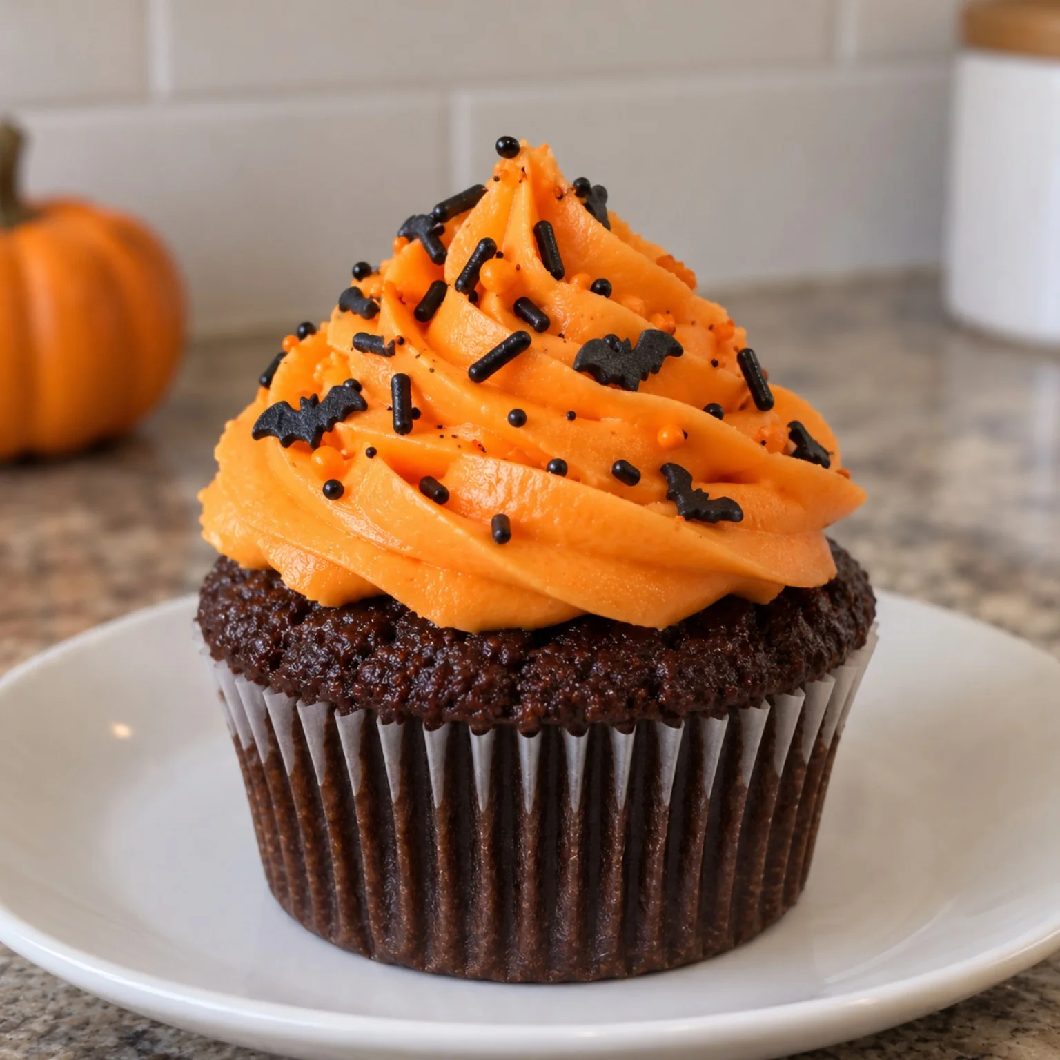 Foto original de un cupcake de chocolate con crema naranja y murciélagos sobre un plato blanco