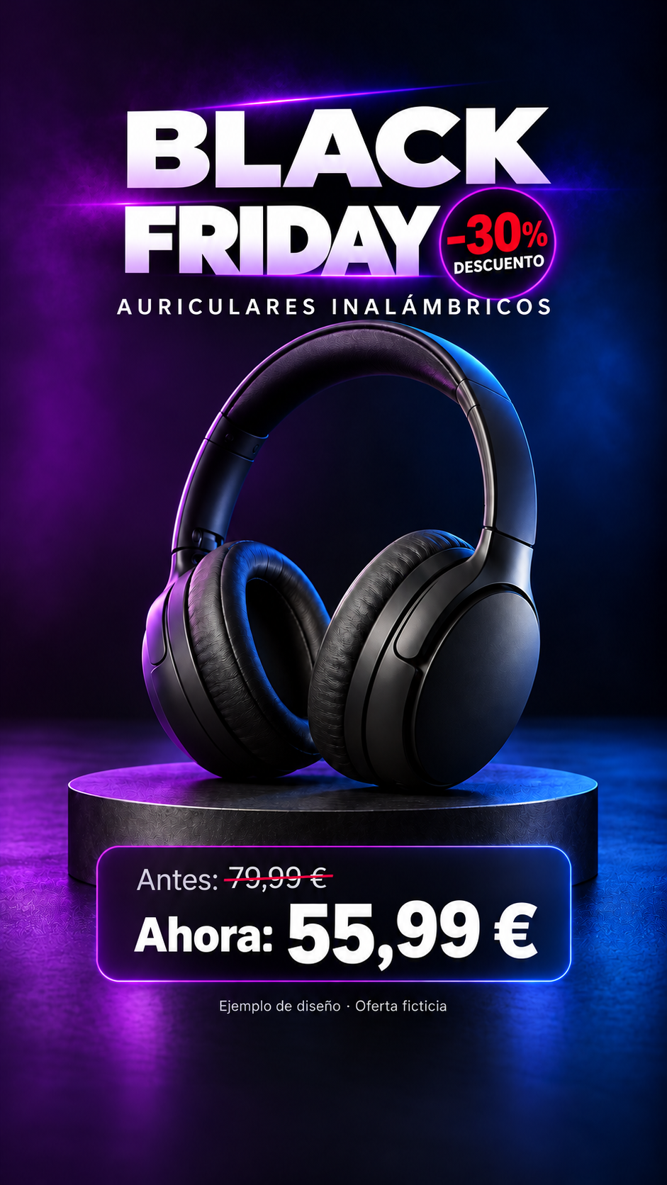 Campaña Black Friday de auriculares inalámbricos con una oferta ficticia