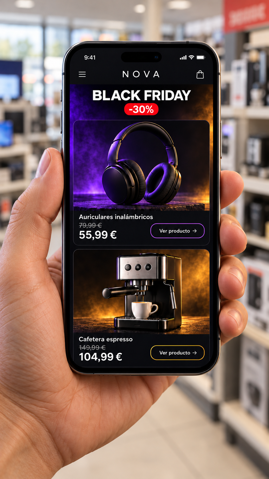 Las ofertas de Black Friday de auriculares y cafetera en la pantalla de un smartphone sostenido en una tienda