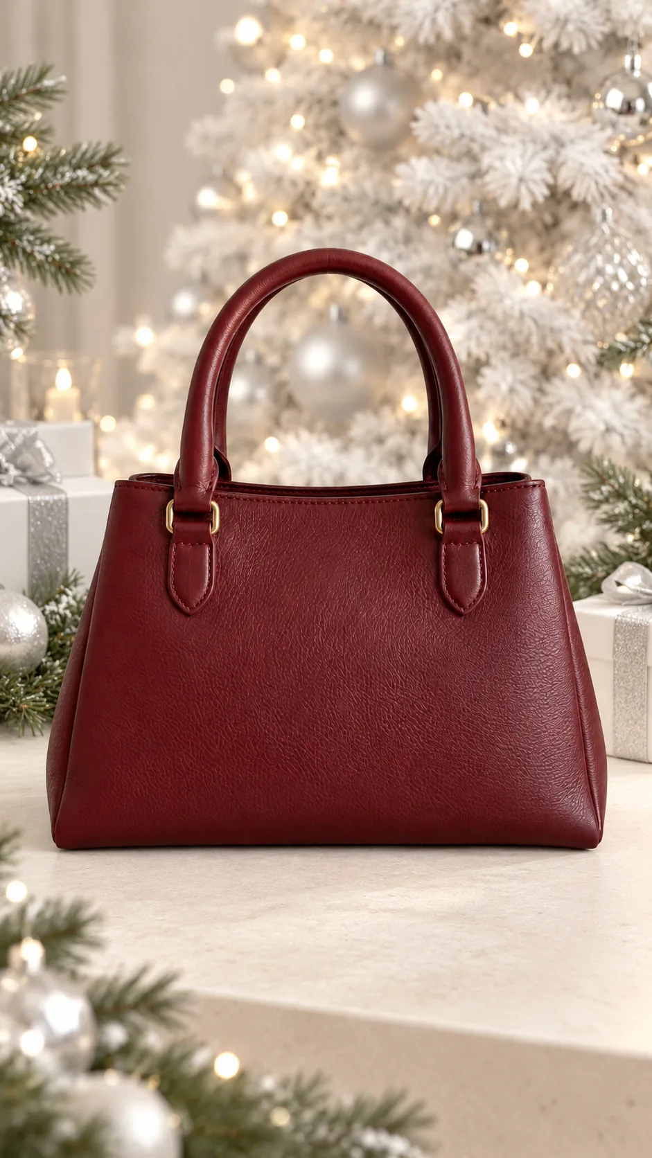 La misma bolsa burdeos en un escenario navideño elegante con adornos