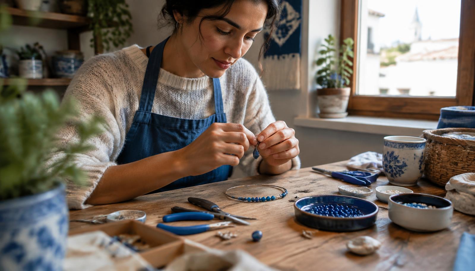 Persona trabajando en un producto artesanal en su taller en casa